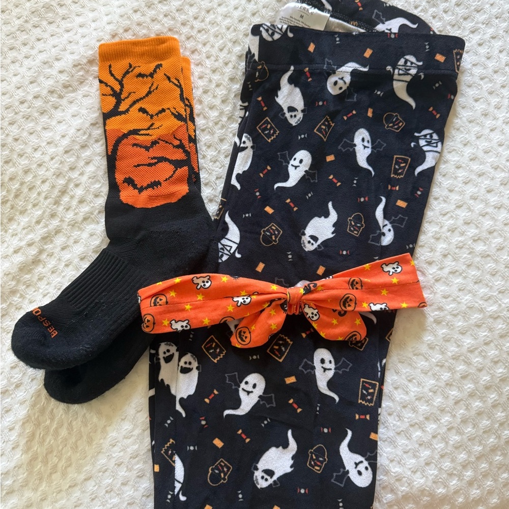 Women’s Halloween Ghost and Pumpkin Accessory Set - Leggings, socks, headband
